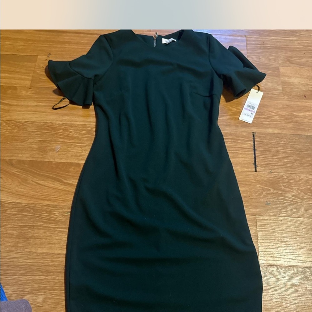 Calvin Klein Green Sheath Dress with Flutter Sleeves